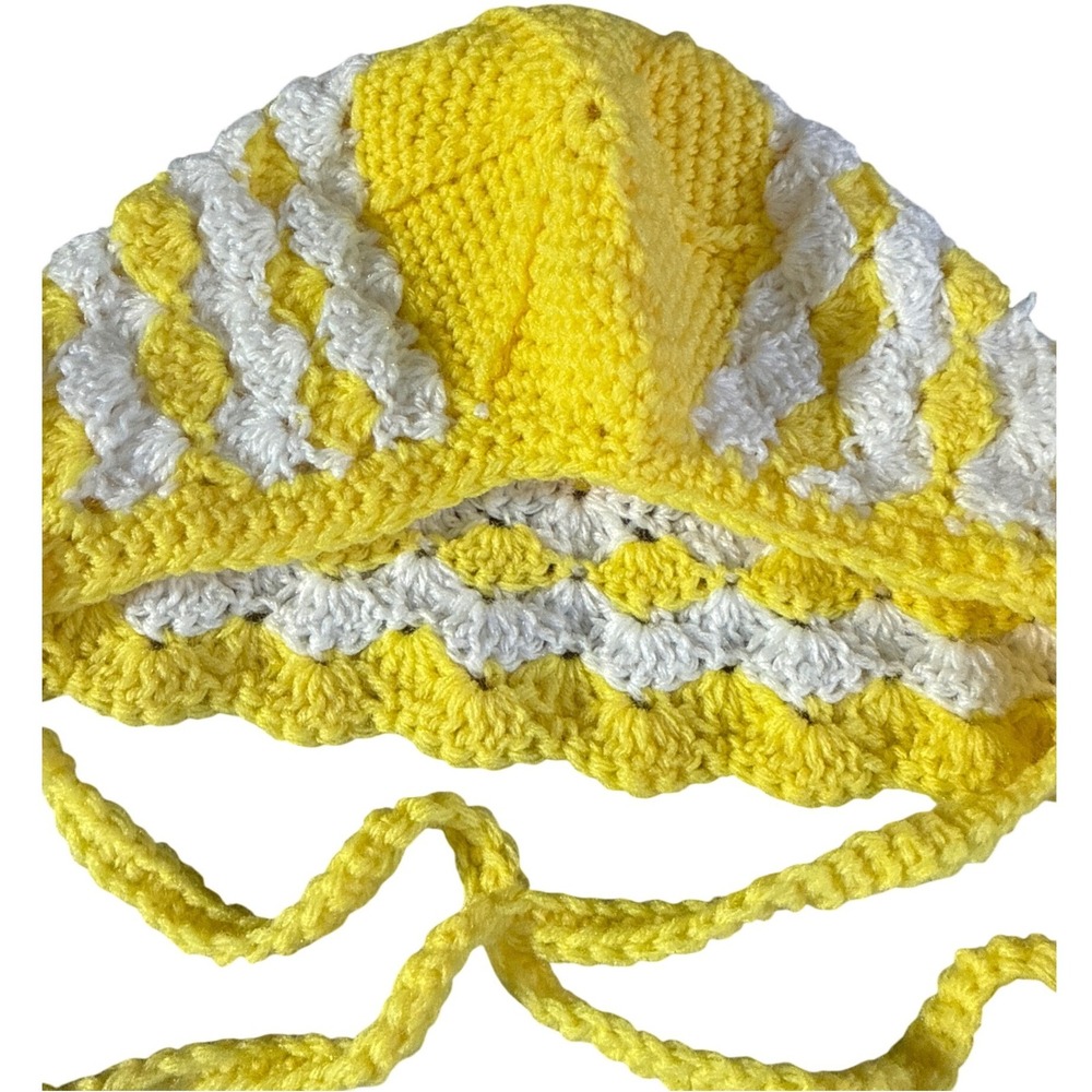 Handmade Crochet Baby Bonnet Yellow White Shell Stitch Pixie Pom Pom Hat Kids - Picture 2 of 4